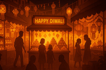 Happy Diwali festive street market scene with lanterns and silhouettes in photo frame