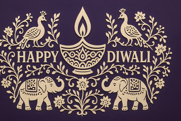 Happy Diwali ornate folk floral design with peacocks, elephants and diya
