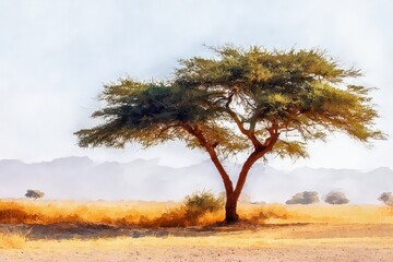 Isolated Tree in African Savannah Landscape Under Bright Sky Watercolor Style