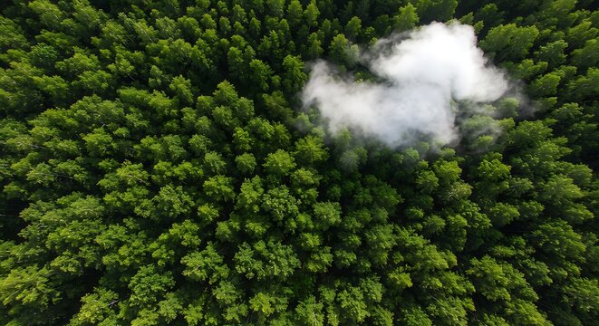 Aerial view of a dense evergreen forest with a small cluster of fog or cloud