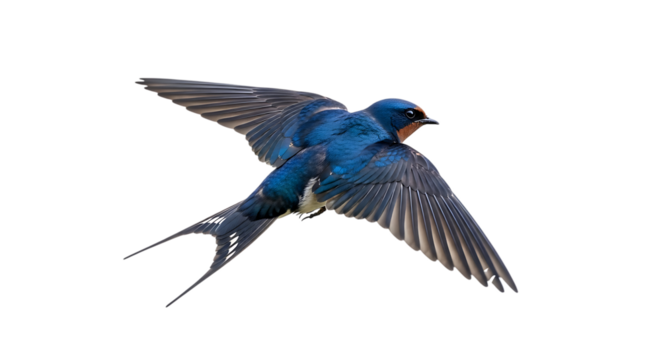 Barn swallow, in flight with wings spread showing iridescent blue plumage and forked tail, cutout, PNG isolated on white or transparent background - Powered by Adobe