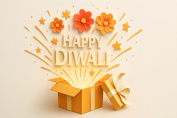 Happy Diwali open gift box with floral burst and festive greeting on cream background