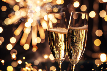 Celebration Toast: Champagne flutes clink in a toast against a backdrop of festive lights, celebrating moments.
