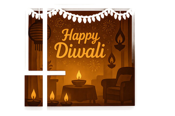 Happy Diwali cozy window scene with diyas and warm home interior