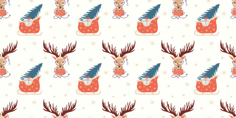 Christmas seamless pattern with reindeer antlers, garlands, sleigh, Christmas tree and gifts. Cute holiday designs for Christmas textiles, banners, wrappers, wallpapers.