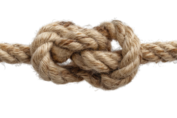 A strong knot tied in a thick natural fiber rope, isolated on black.