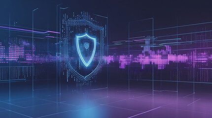 Digital shield protecting futuristic cityscape with neon lights