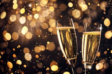 Cheers to Celebration: Sparkling champagne glasses are set against a bokeh of warm, golden lights, capturing the essence of celebration and joy.
