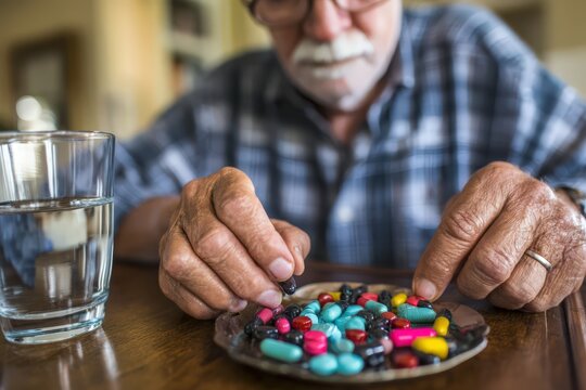 Elderly man sorting a variety of colorful pills placed on a vintage dish beside a glass of water highlighting daily medication management and health monitoring skills