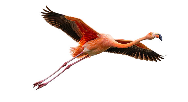 Pink flamingo, in flight with wings spread wide and long legs extended, cutout, PNG isolated on white or transparent background - Powered by Adobe