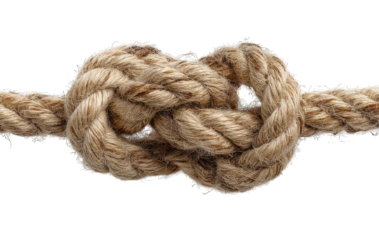A strong knot tied in a thick natural fiber rope, isolated on black.
