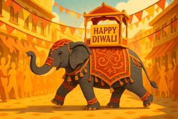 Happy Diwali decorated elephant parade illustration in festive street