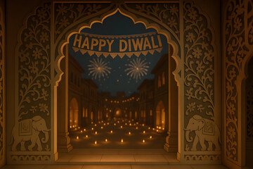 Happy Diwali ornate temple hallway with illuminated lamps and archway