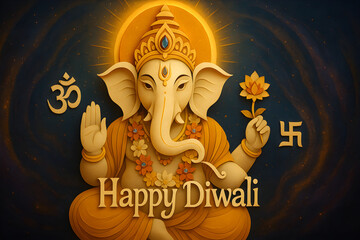Happy Diwali Lord Ganesha greeting with golden glow and Hindu symbols