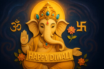 Happy Diwali Ganesha illustration with om symbol and festive glow
