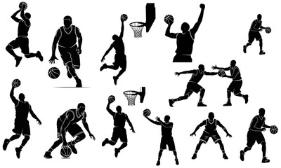 Black Basketball Player Silhouette Vector Set – 10 Dynamic Poses on Transparent Background – Sports Icon Illustration
