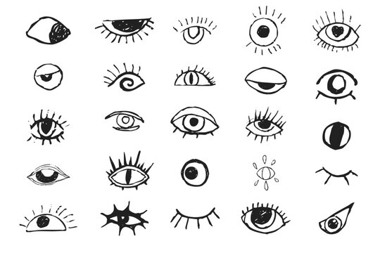 Eyes Crazy doodle black eyes. Open eye creative hand drawn human parts of faces elements, various opened eyes. Black ink vision icon, hand drawn grunge ophthalmologist symbol, drawn charcoal eyes