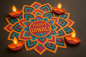 Happy Diwali colorful rangoli mandala with diyas on dark background