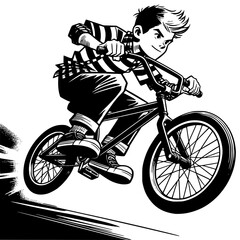 Fototapeta premium BMX Boy's Leap: A dynamic illustration depicts a boy fearlessly executing a thrilling BMX trick, filled with the spirit of youth and adventure.