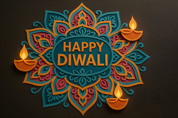 Happy Diwali teal mandala rangoli design with glowing diya lamps