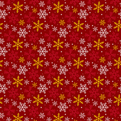 Seamless red Christmas pattern with golden and white snowflakes. Elegant festive background for wrapping paper, winter decor, or greeting cards.