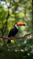Obraz premium Vivid toucan perched serenely amidst lush tropical foliage a tranquil nature portrait