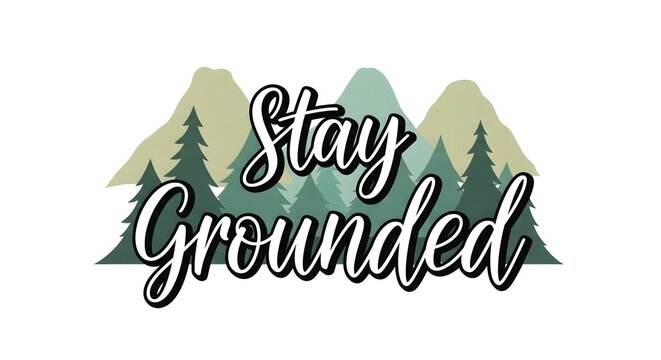 A motivational graphic featuring the phrase 'Stay Grounded' with a scenic mountain and forest background in a calming color palette