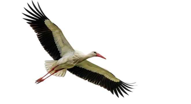 White stork, with outstretched wings in flight showing red beak and legs, cutout, PNG isolated on white or transparent background