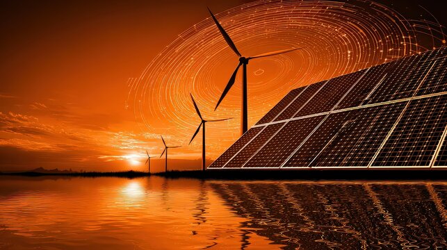 Silhouette of Wind Turbines and Solar Panel at Sunset with Digital Light Display and Water Reflection - Powered by Adobe