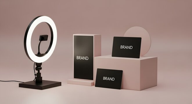 Minimalist product display setup featuring a ring light, branded boxes, and a circular mirror on a soft pink background for promotional photography
