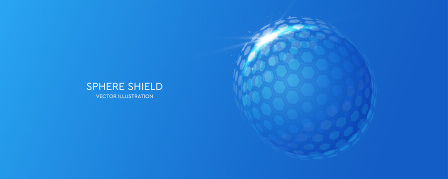 Futuristic glass sphere shield with hexagon pattern. Transparent protection dome. Digital force field technology. Vector illustration.