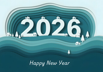 winter forest papercut 2026 new year template in teal tones
