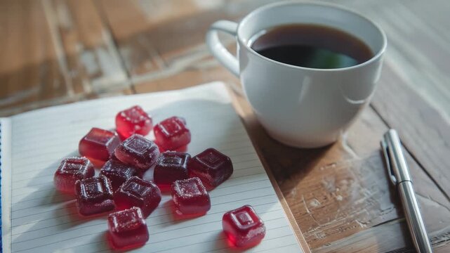 Red jello cubes and coffee on notebook with pen
