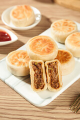 Chinese Pork Mooncakes Beijing Style Crispy Pastry Traditional Savory Cake Food Photography