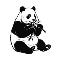 Cute panda bear eating bamboo branches in black and white vector illustration, adorable wildlife animal, panda bear, bamboo panda, cute animal, wildlife art, forest creature, Asian bear, bamboo eater