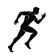 Running man silhouette in motion, athletic male figure sprinting forward, black and white vector illustration symbolizing speed, power, fitness runner, sport athlete, race action