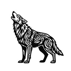 Stylized image of a howling tribal wolf, detailed black and white illustration of the animal with decorative patterns