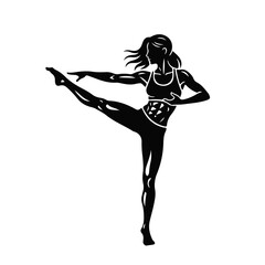 Fit woman silhouette in dynamic pose, athletic female body doing fitness kick exercise, black and white vector illustration symbolizing strength, balance, workout, dance motion