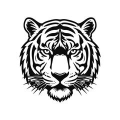 Tiger head in bold black-and-white line art, fierce animal profile with strong wild jungle vibe, tiger head, tiger silhouette, big cat, wild animal, wildlife illustration