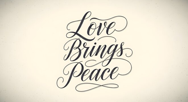 Inspirational quote with elegant calligraphy that reads 'Love Brings Peace' on a plain, light-colored background, emphasizing positivity and harmony
