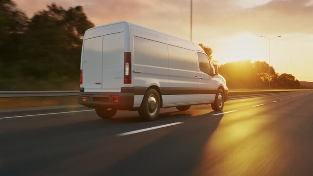 Delivery van driving along empty road at sunset for transport and logistics service