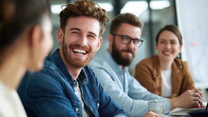 Creative collaboration among cheerful designers in a modern office setting during a productive meeting - Powered by Adobe