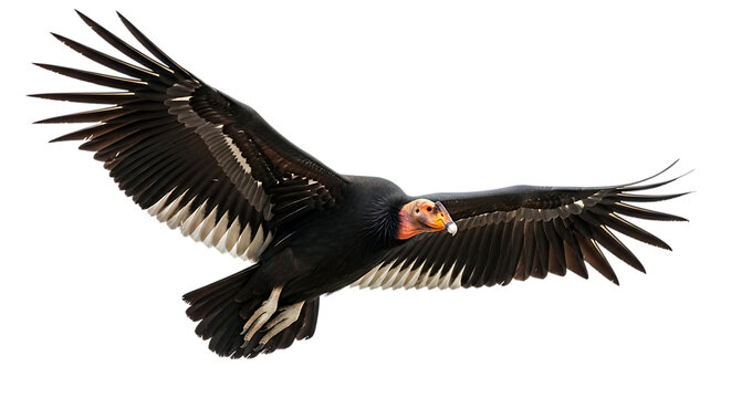 California Condor, with outstretched wings in flight showing detailed feathers and orange head, cutout, PNG isolated on white or transparent background