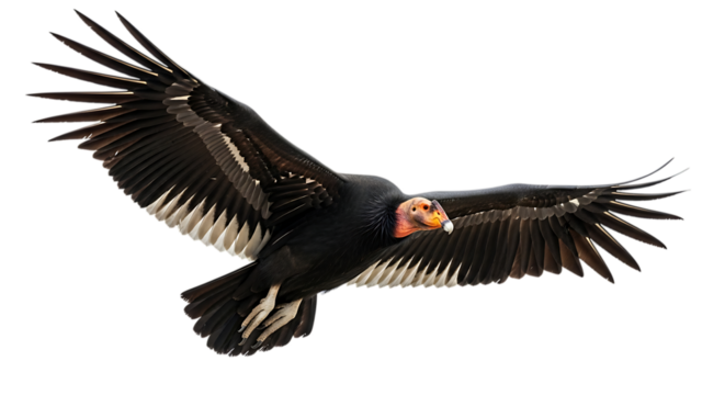 California Condor, with outstretched wings in flight showing detailed feathers and orange head, cutout, PNG isolated on white or transparent background