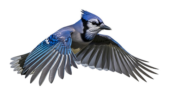 Blue Jay, in flight with wings spread showing detailed feathers and vibrant blue plumage, cutout, PNG isolated on white or transparent background
