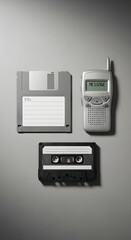 A collection of vintage audio and communication devices including a floppy disk, a cassette tape, and a portable radio with a small screen and buttons, arranged on a plain surface