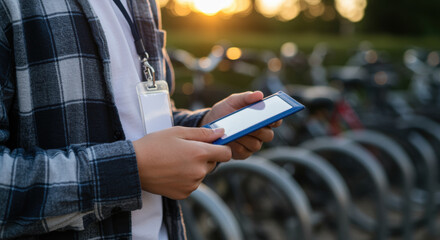 Person using smartphone outdoors near bicycle parking at sunset, casual attire with lanyard and plaid shirt, modern urban lifestyle