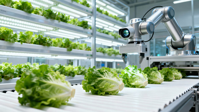 Robotic Arm in Hydroponic Farm Harvesting Fresh Green Lettuce on Production Line
