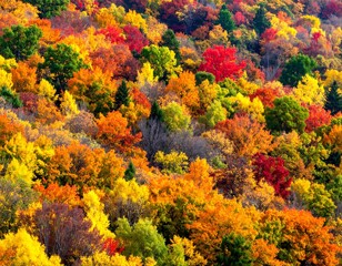 Aerial view of a dense forest during fall season, showcasing vibrant foliage colors