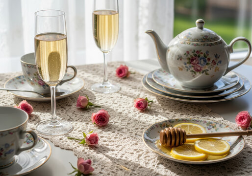 Elegant tea set with floral porcelain teapot, champagne glasses, lemon slices, and pink roses on lace covered table